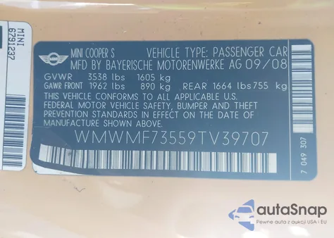 2009 Mini Cooper S z USA, uszkodzony, nr VIN WMWMF73559TV39707